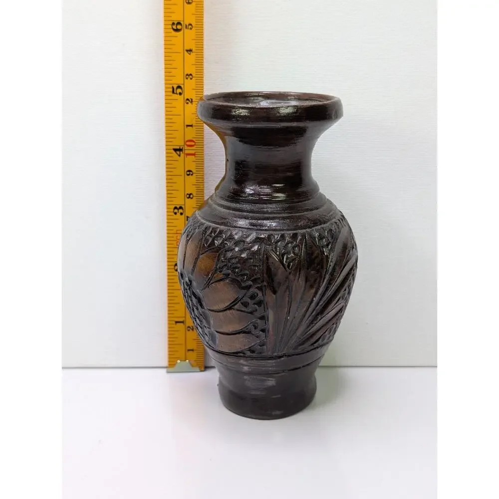 Signed Studio Pottery Vase Brown Glazed Carved Floral Handmade 4.5